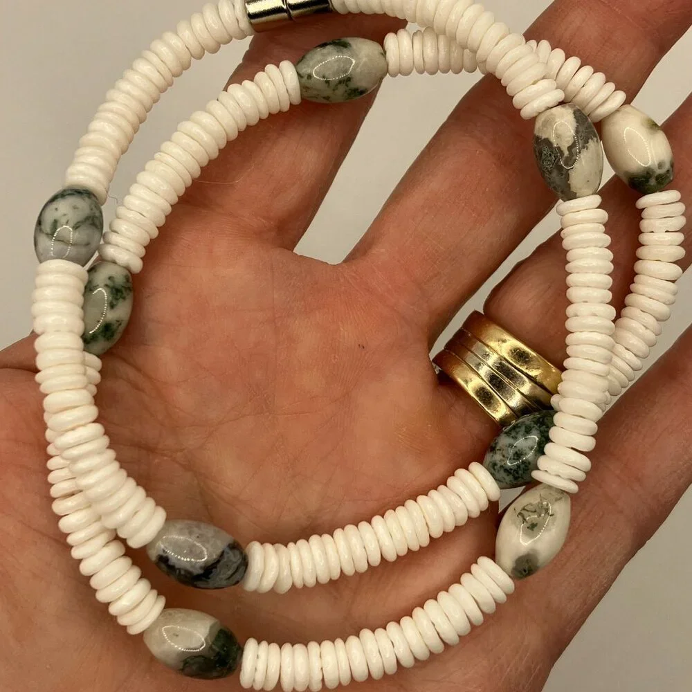 Choker 18.5 in choker Genuine White Shells Agate Gemstones NEW Handmade